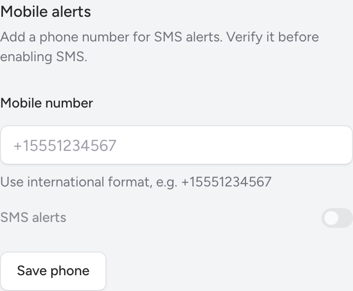 Settings > Profile phone number entry