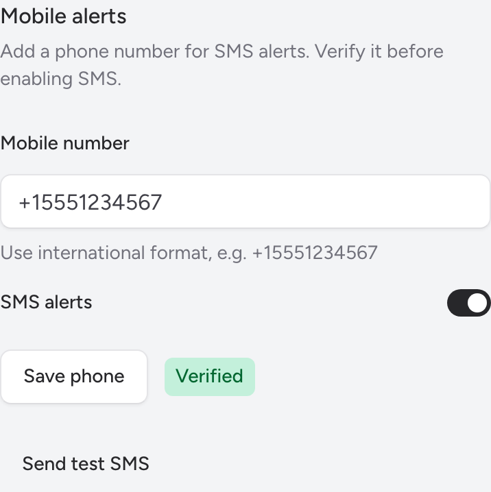 Disable SMS alerts / remove phone number flow